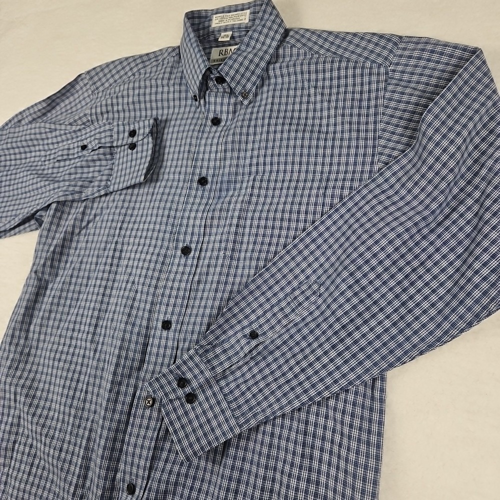 RBM Mens Shirt‎ Long Sleeve Button Wrinkle Free Oxford Blue Check 15 1/2  34/35